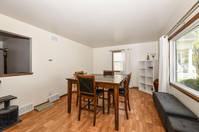 dining room with visible vents, a wealth of natural light, and light wood-type flooring