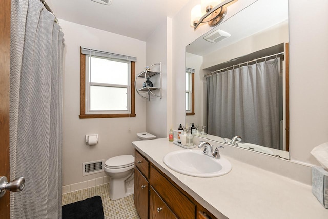 full bathroom with toilet, visible vents, tile patterned flooring, and vanity