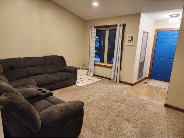 living area with carpet flooring and baseboards