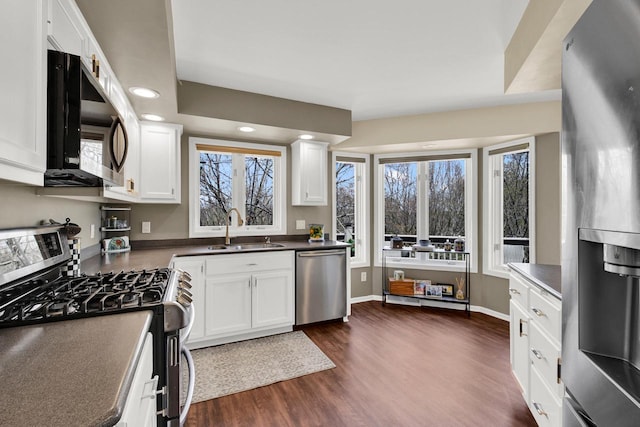 kitchen with appliances with stainless steel finishes, a healthy amount of sunlight, a sink, and dark wood finished floors