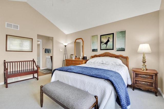 bedroom with baseboards, light carpet, lofted ceiling, and visible vents