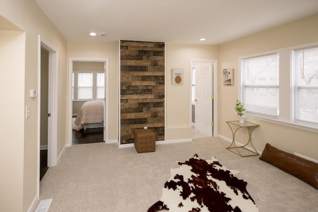 carpeted bedroom with baseboards and recessed lighting