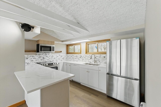 kitchen featuring appliances with stainless steel finishes, a sink, a peninsula, decorative backsplash, and vaulted ceiling