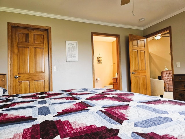 850 Evergreen Dr Unit 8, Hartford, WI 53027 - bedroom featuring crown molding, a ceiling fan, and ensuite bathroom