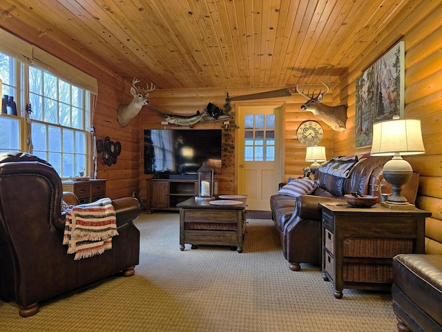 living area with wood ceiling, log walls, and carpet