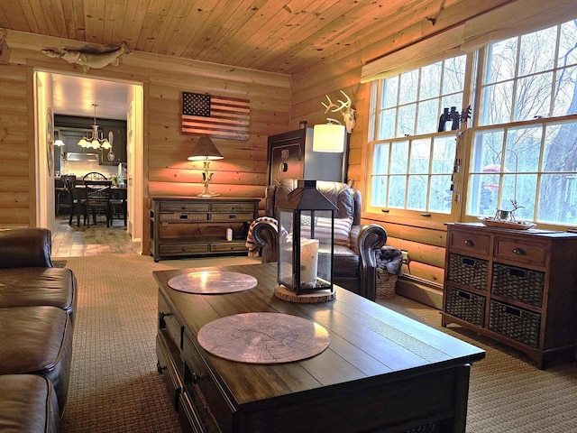 dining area with carpet flooring, wood ceiling, a chandelier, and log walls