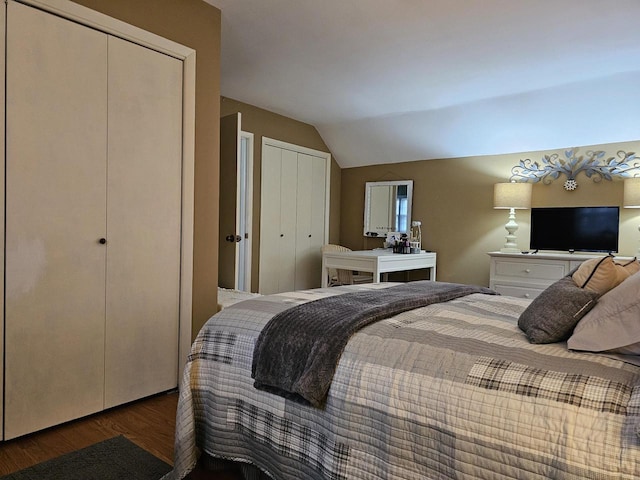 bedroom with vaulted ceiling, two closets, and wood finished floors