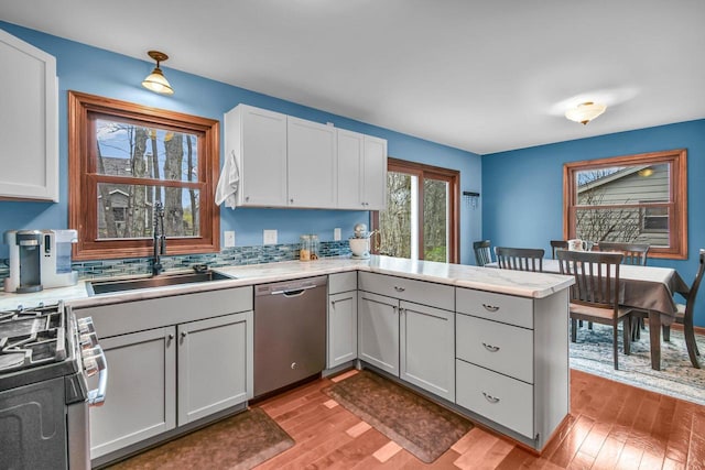 kitchen with light countertops, stainless steel appliances, a sink, and a peninsula