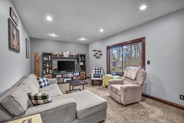 living room with baseboards, carpet flooring, and recessed lighting