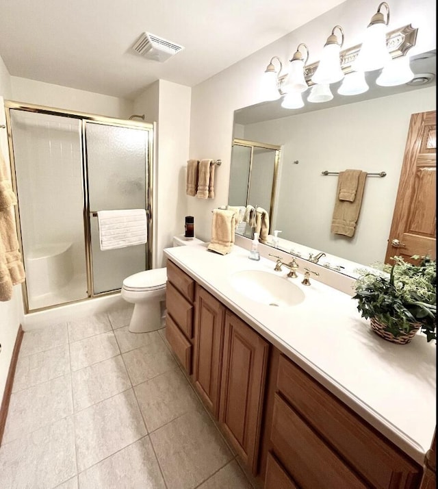 bathroom with visible vents, tile patterned flooring, a stall shower, vanity, and toilet