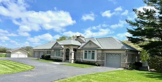 craftsman inspired home featuring a chimney, stone siding, and a front lawn