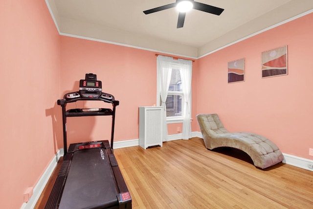 exercise room featuring crown molding, baseboards, a ceiling fan, and wood finished floors