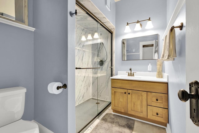 full bathroom featuring vanity, toilet, tile patterned floors, a marble finish shower, and visible vents
