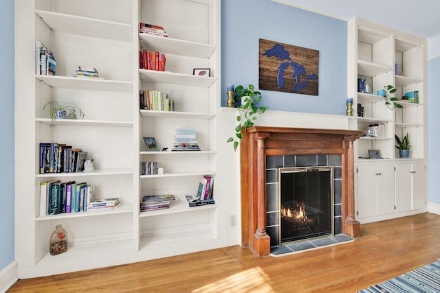 living area with a glass covered fireplace and wood finished floors