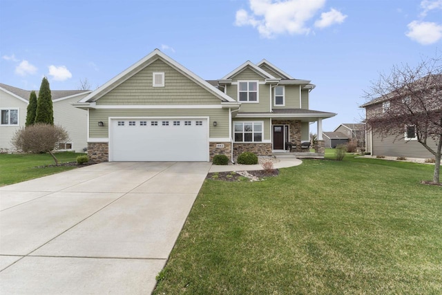 craftsman house with a porch, a front lawn, driveway, and stone siding