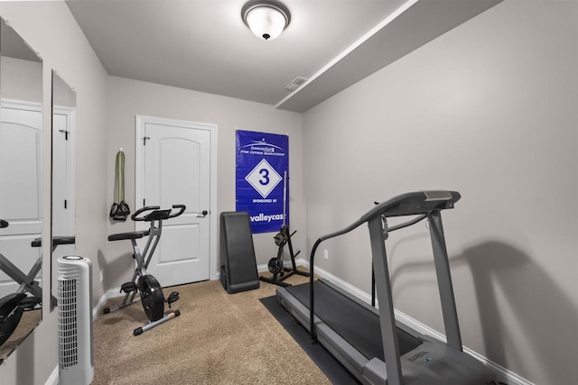 workout room with baseboards, carpet flooring, and visible vents