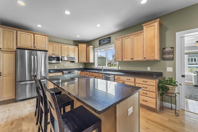 kitchen with light wood-style floors, a sink, appliances with stainless steel finishes, and under cabinet range hood