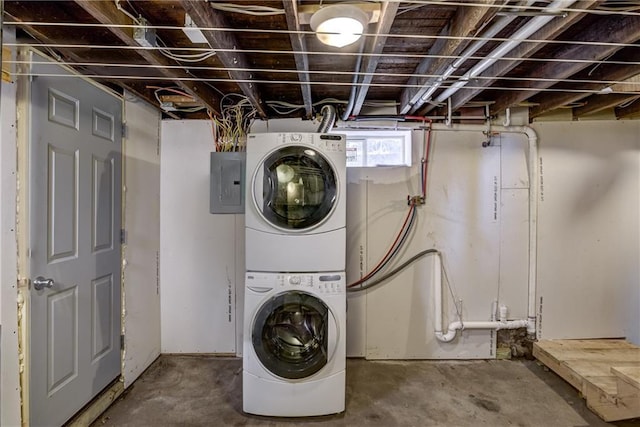603 Dodge St, Eau Claire, WI 54701 - washroom with laundry area, stacked washer / dryer, and electric panel