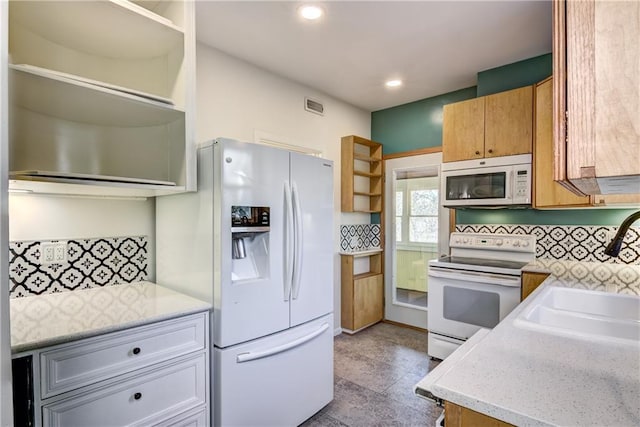 603 Dodge St, Eau Claire, WI 54701 - kitchen featuring visible vents, open shelves, decorative backsplash, white appliances, and a sink