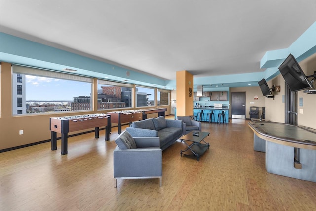 living area featuring baseboards and wood finished floors