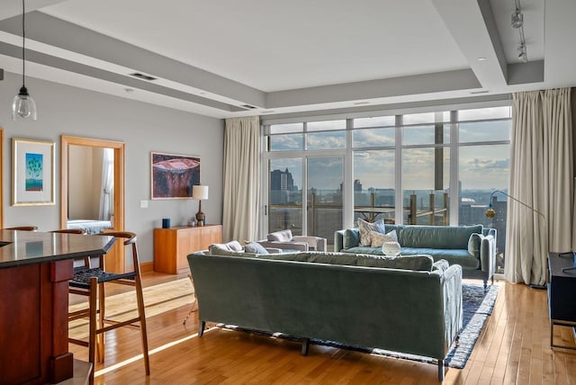living room featuring visible vents, rail lighting, a view of city, and light wood-type flooring