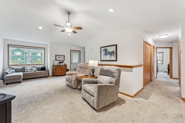 2017 Retzlaff Dr, Reedsburg, WI 53959 - living area with carpet flooring, a ceiling fan, baseboards, recessed lighting, and lofted ceiling