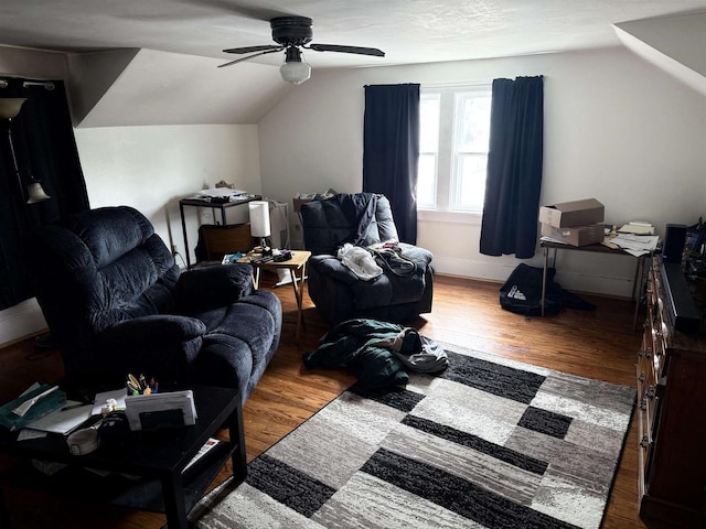 additional living space with a ceiling fan, wood finished floors, and lofted ceiling