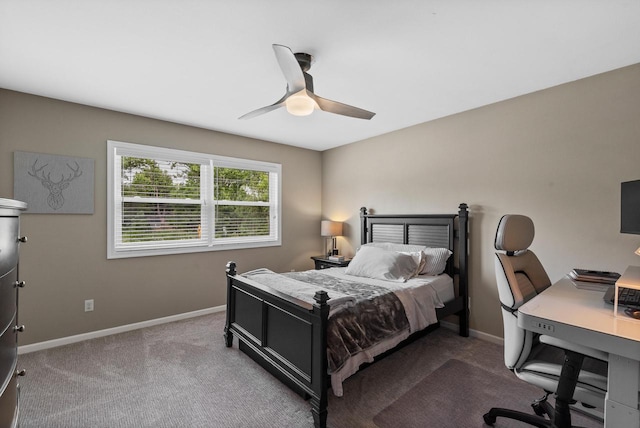 bedroom featuring a ceiling fan, baseboards, and carpet