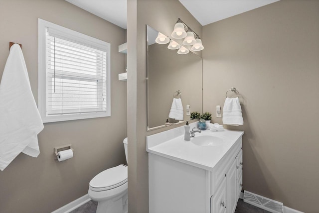 half bathroom with toilet, baseboards, visible vents, and vanity