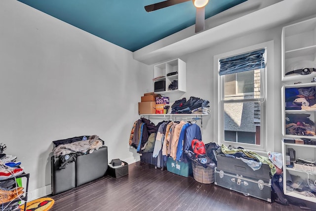 interior space featuring a ceiling fan and wood finished floors