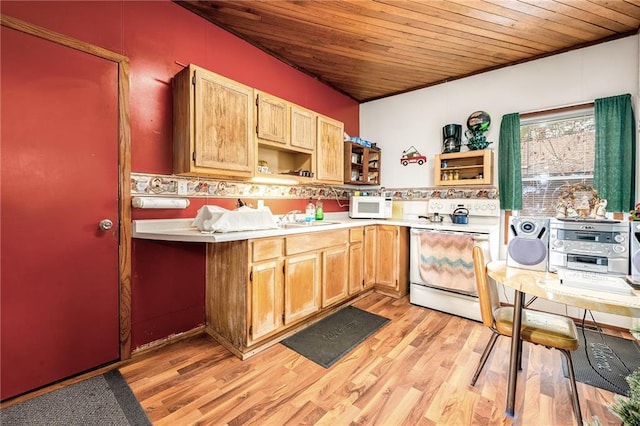 W12141 Hwy 8, Bruce, WI 54819 - kitchen with open shelves, white appliances, and wooden ceiling