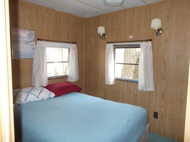 bedroom with wood walls and multiple windows