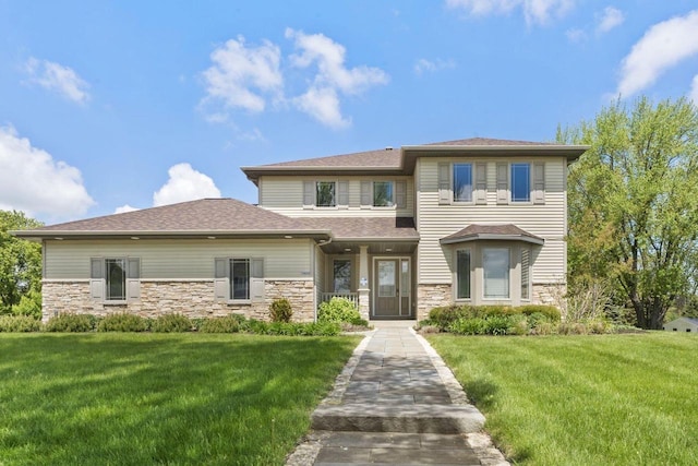 7605 W Windrush Ln, Franklin, WI 53132 - prairie-style home featuring a front yard, stone siding, and a shingled roof