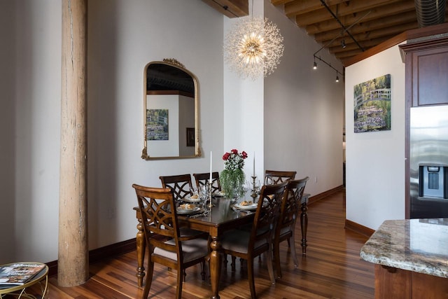dining area with baseboards, a notable chandelier, and dark wood-type flooring