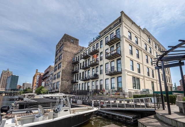 view of building exterior with a water view