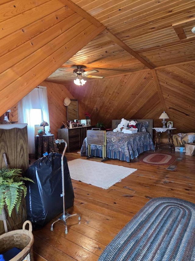 bedroom with wooden walls, lofted ceiling with beams, wood ceiling, and wood-type flooring