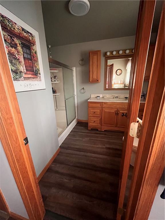 bathroom featuring vanity, wood finished floors, baseboards, and a shower stall