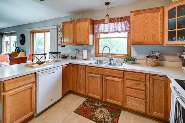 kitchen with plenty of natural light, a sink, white appliances, and glass insert cabinets