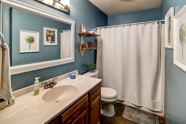 bathroom with vanity, visible vents, toilet, and a shower with curtain