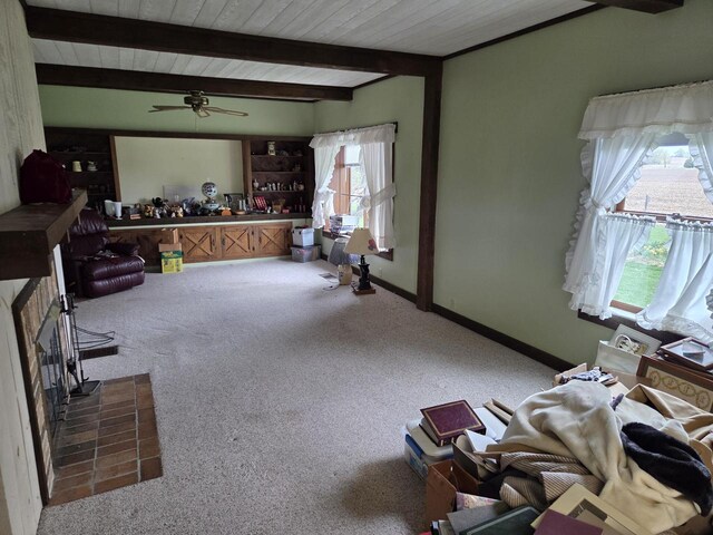 5986 Marsh Rd, Elkhorn, WI 53121 - living area with carpet flooring, wood ceiling, and beam ceiling