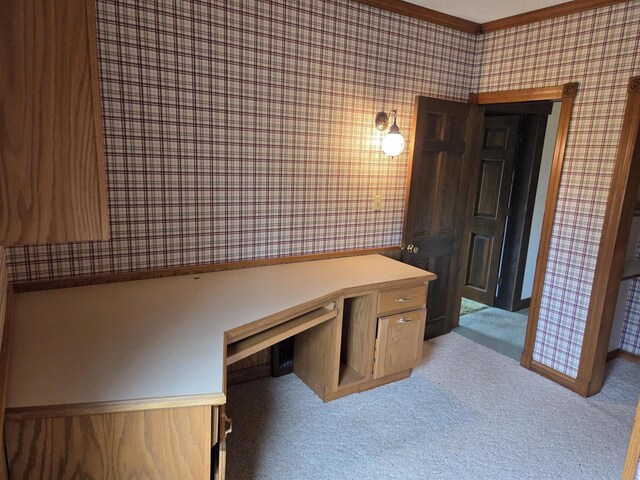 5986 Marsh Rd, Elkhorn, WI 53121 - unfurnished office with carpet floors, baseboards, crown molding, and wallpapered walls