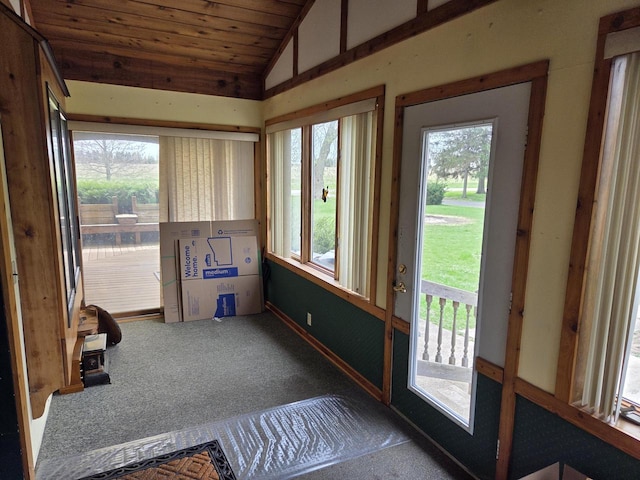 5986 Marsh Rd, Elkhorn, WI 53121 - entryway featuring carpet floors, wood ceiling, and lofted ceiling