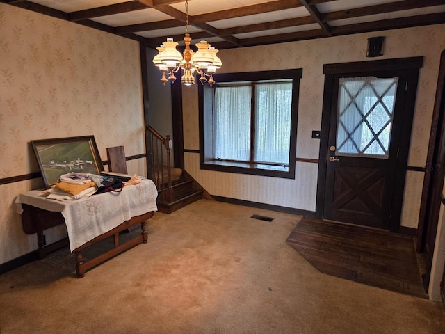 5986 Marsh Rd, Elkhorn, WI 53121 - entryway featuring visible vents, beamed ceiling, a notable chandelier, and wallpapered walls