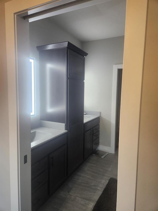 bathroom featuring baseboards, wood finished floors, and vanity