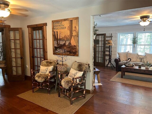 12014 102nd, Chippewa Falls, WI 54729 - living area with french doors, ceiling fan, and hardwood / wood-style flooring