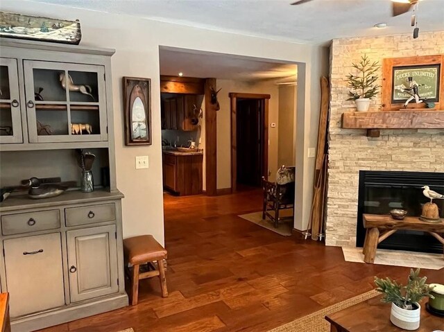 12014 102nd, Chippewa Falls, WI 54729 - interior space featuring a stone fireplace and dark wood-style floors