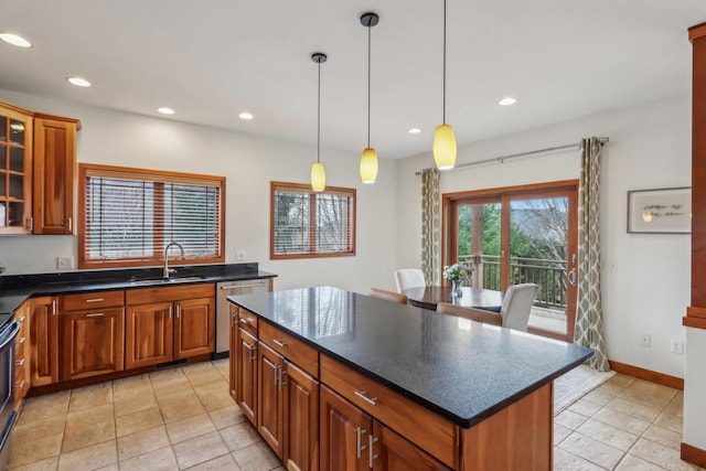 kitchen with recessed lighting, a sink, dishwasher, and brown cabinets