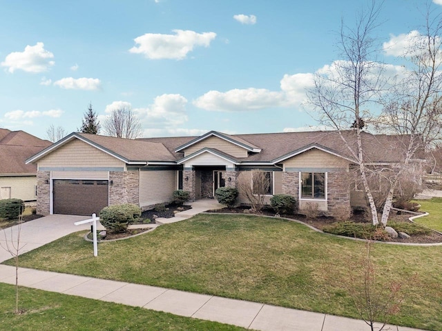 single story home with a garage, a front yard, and stone siding