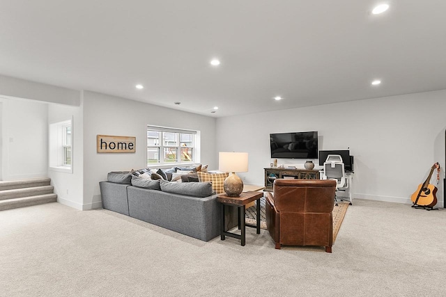 living room with stairway, baseboards, light carpet, and recessed lighting