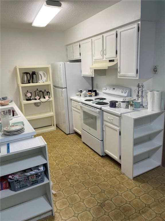 kitchen featuring open shelves, light countertops, tile patterned floors, under cabinet range hood, and white appliances